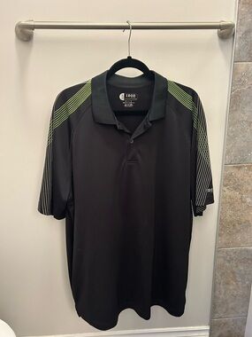 Izod Black Polo with Neon Green Shoulder Stripes